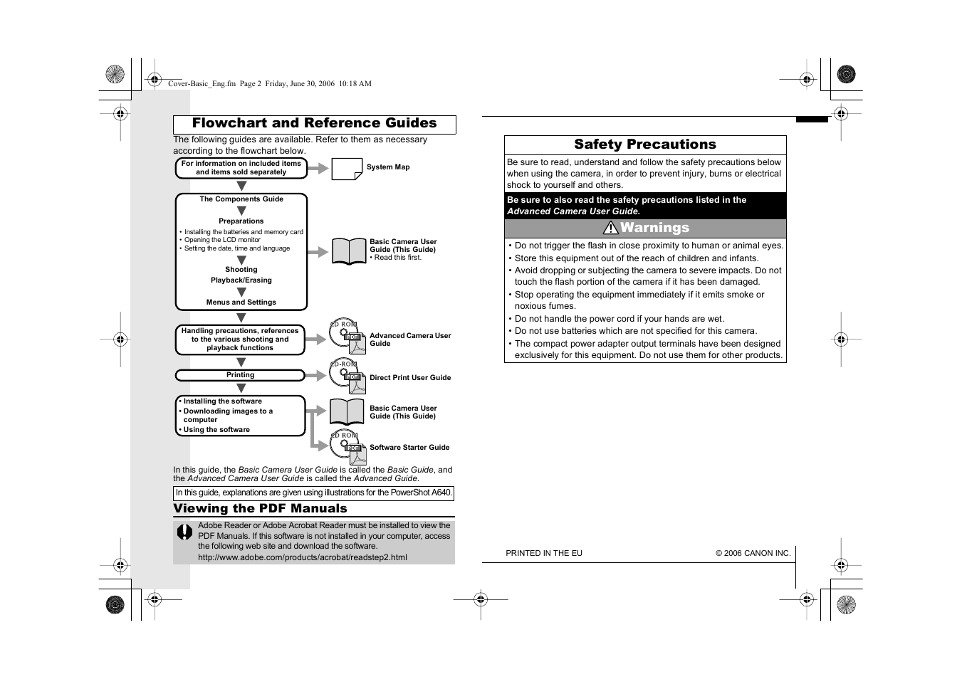 Flowchart and reference guides, Safety precautions, Warnings | Viewing the pdf manuals | Canon A630 User Manual | Page 2 / 36