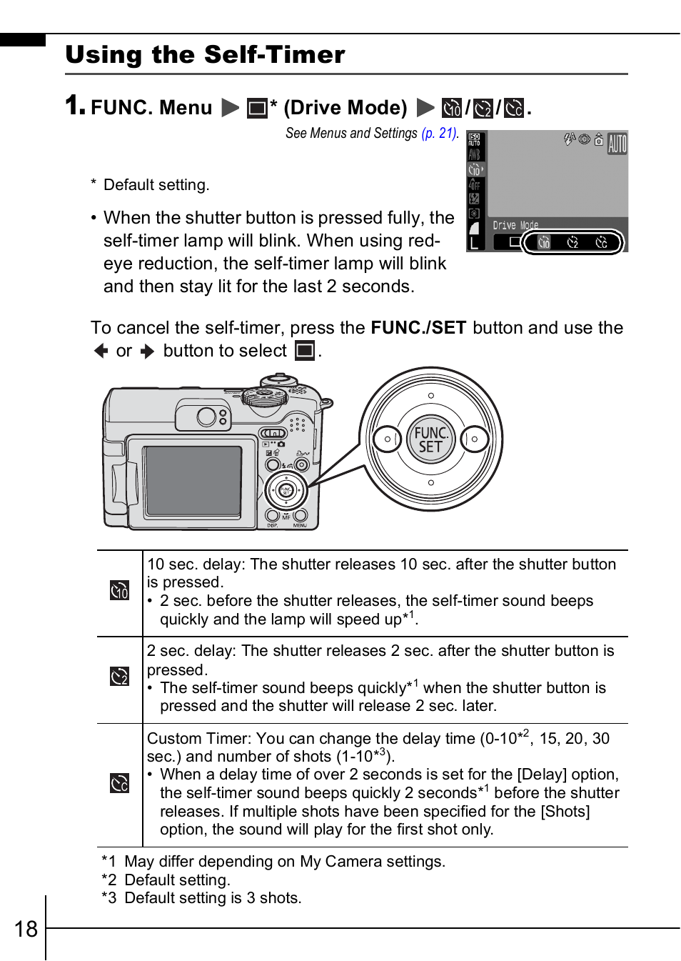 P. 18), Using the self-timer, Func. menu * (drive mode) | Canon A630 User Manual | Page 20 / 36