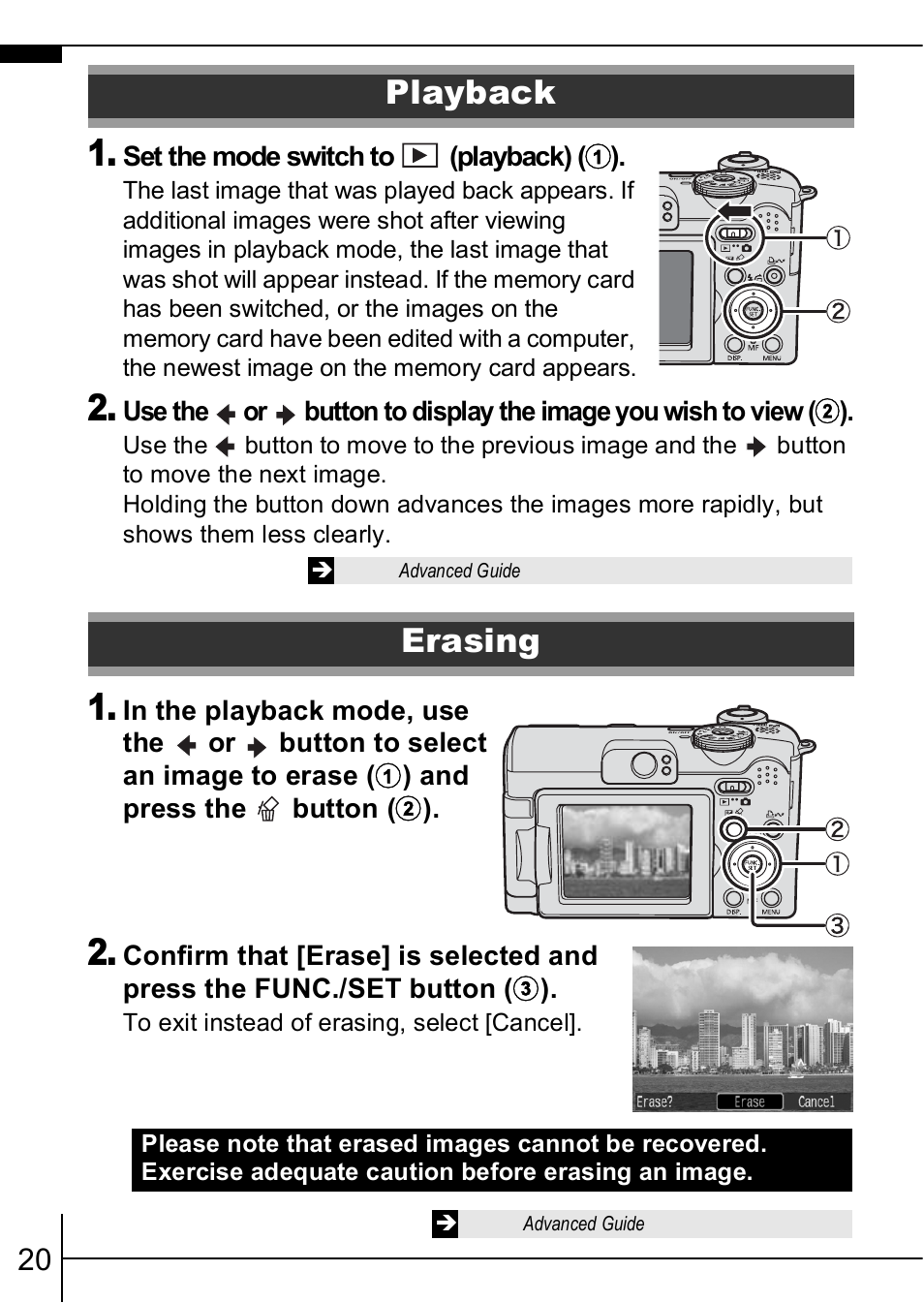 Playback, Erasing, P. 20 | P. 20) | Canon A630 User Manual | Page 22 / 36