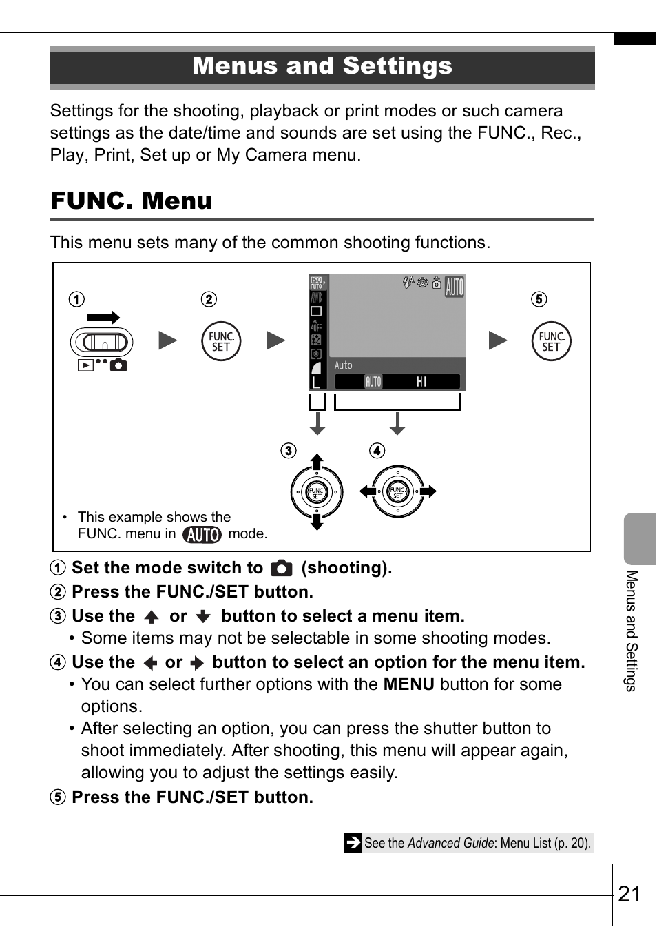 Menus and settings, P. 21, Func. menu | Canon A630 User Manual | Page 23 / 36
