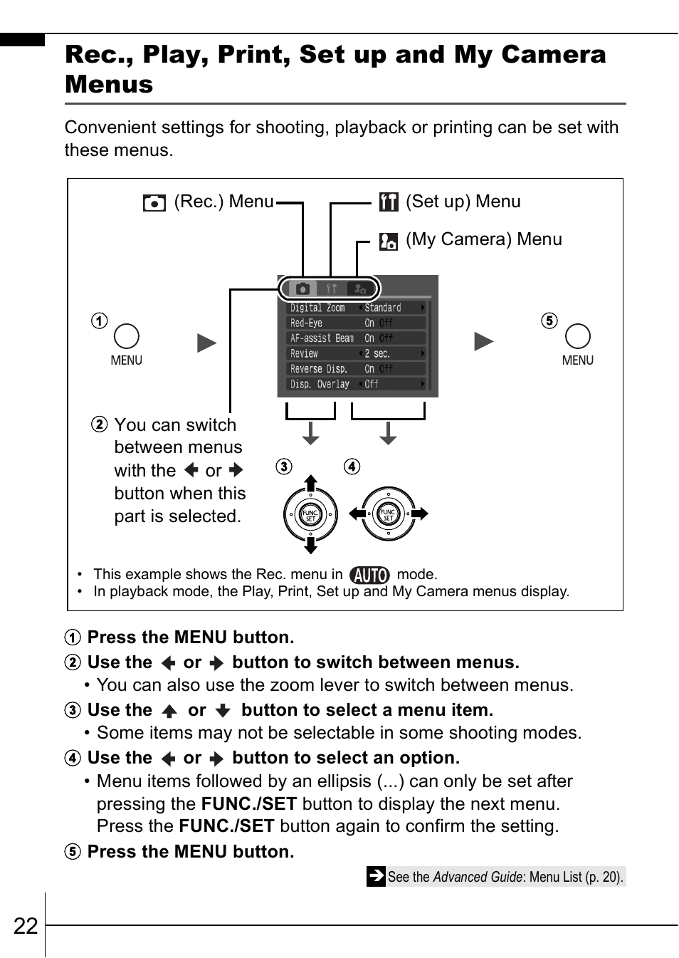 P. 22, P. 22), Rec., play, print, set up and my camera menus | Canon A630 User Manual | Page 24 / 36