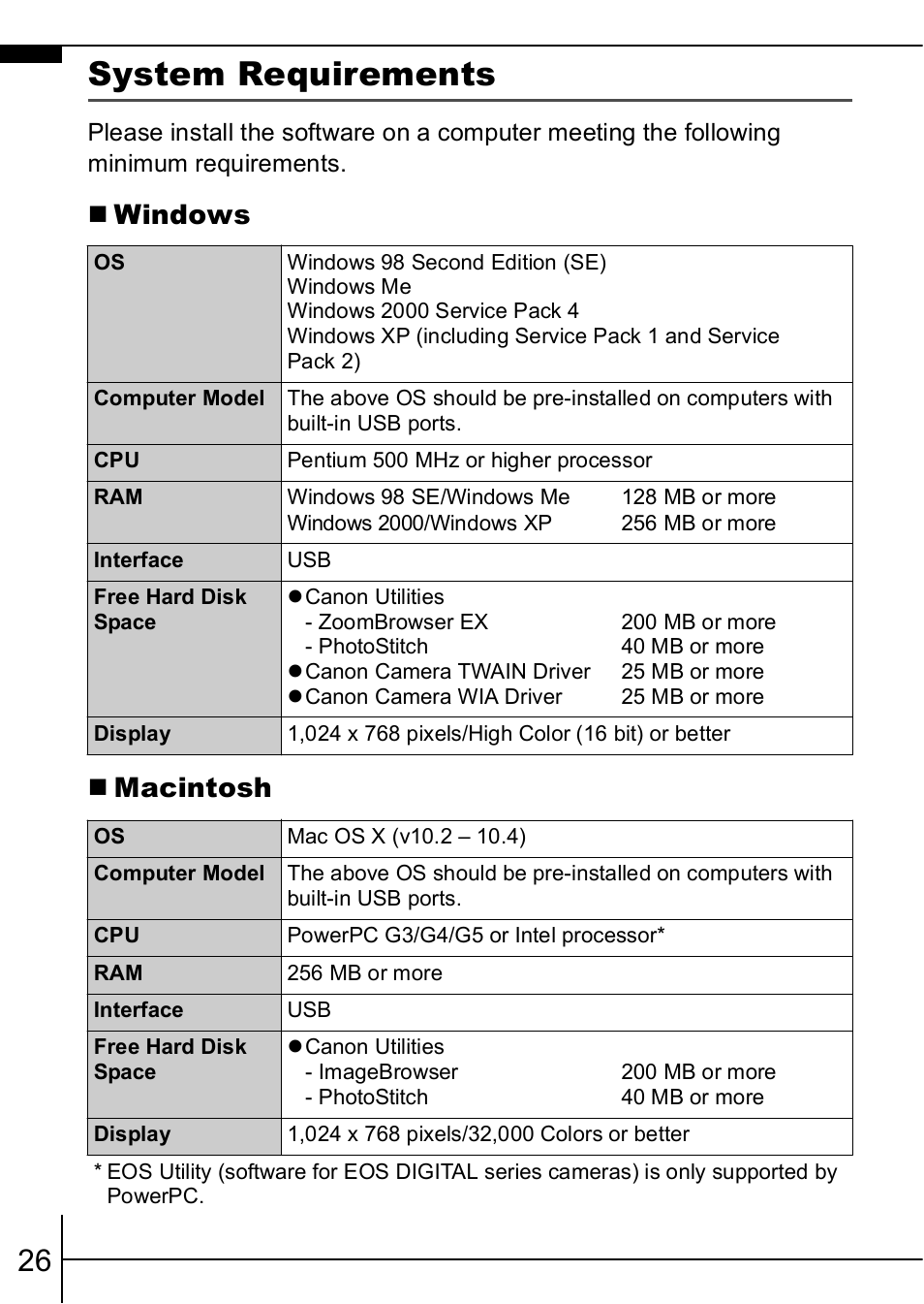 P. 26), System requirements, Windows  macintosh | Canon A630 User Manual | Page 28 / 36