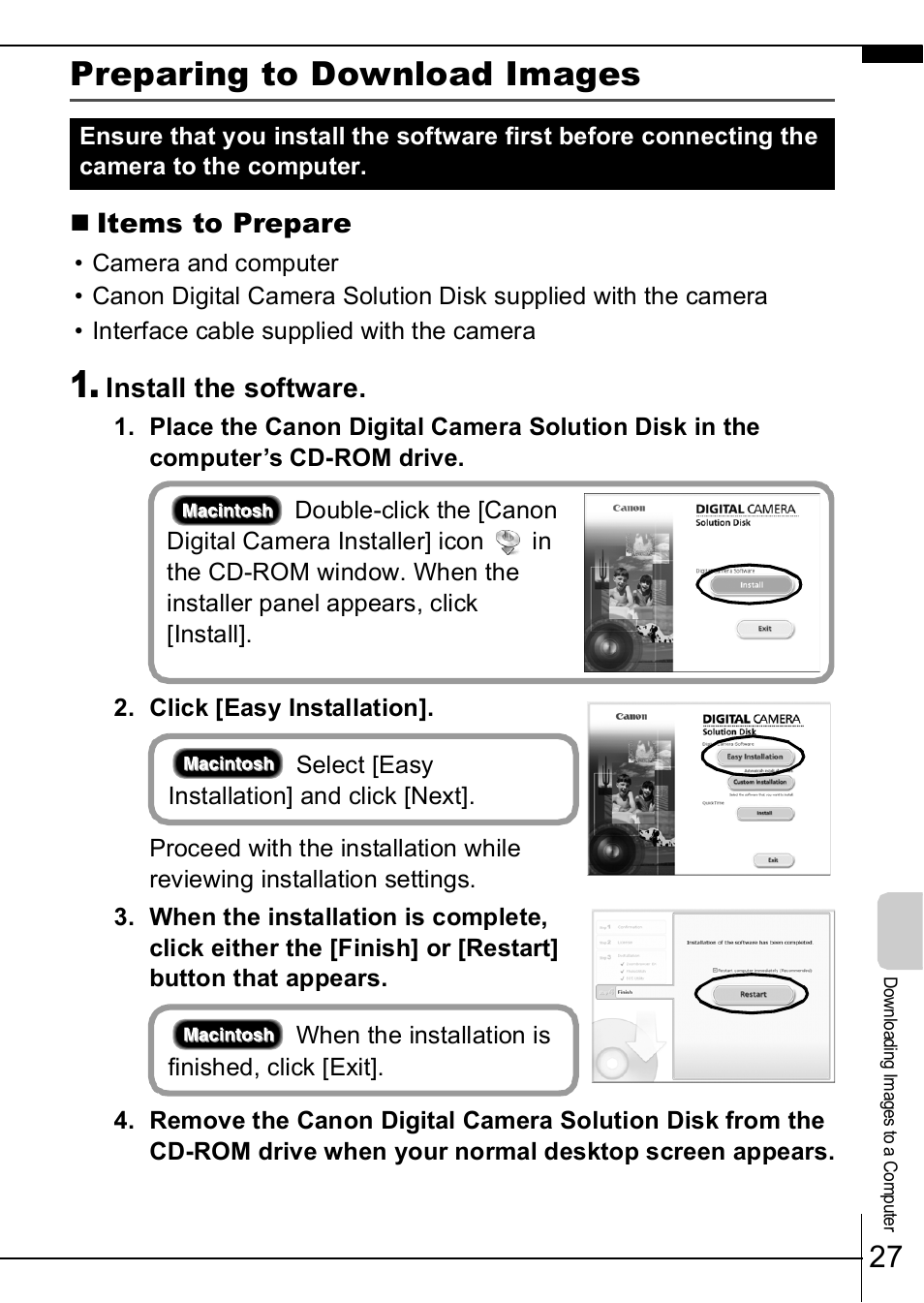 Preparing to download images | Canon A630 User Manual | Page 29 / 36