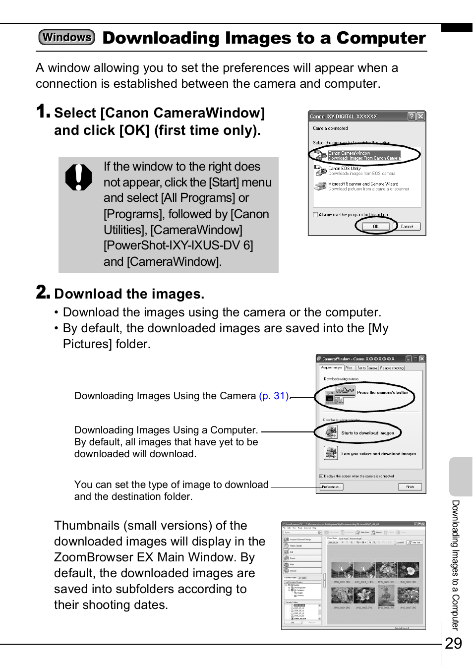 P. 29, Downloading images to a computer, Download the images | Canon A630 User Manual | Page 31 / 36