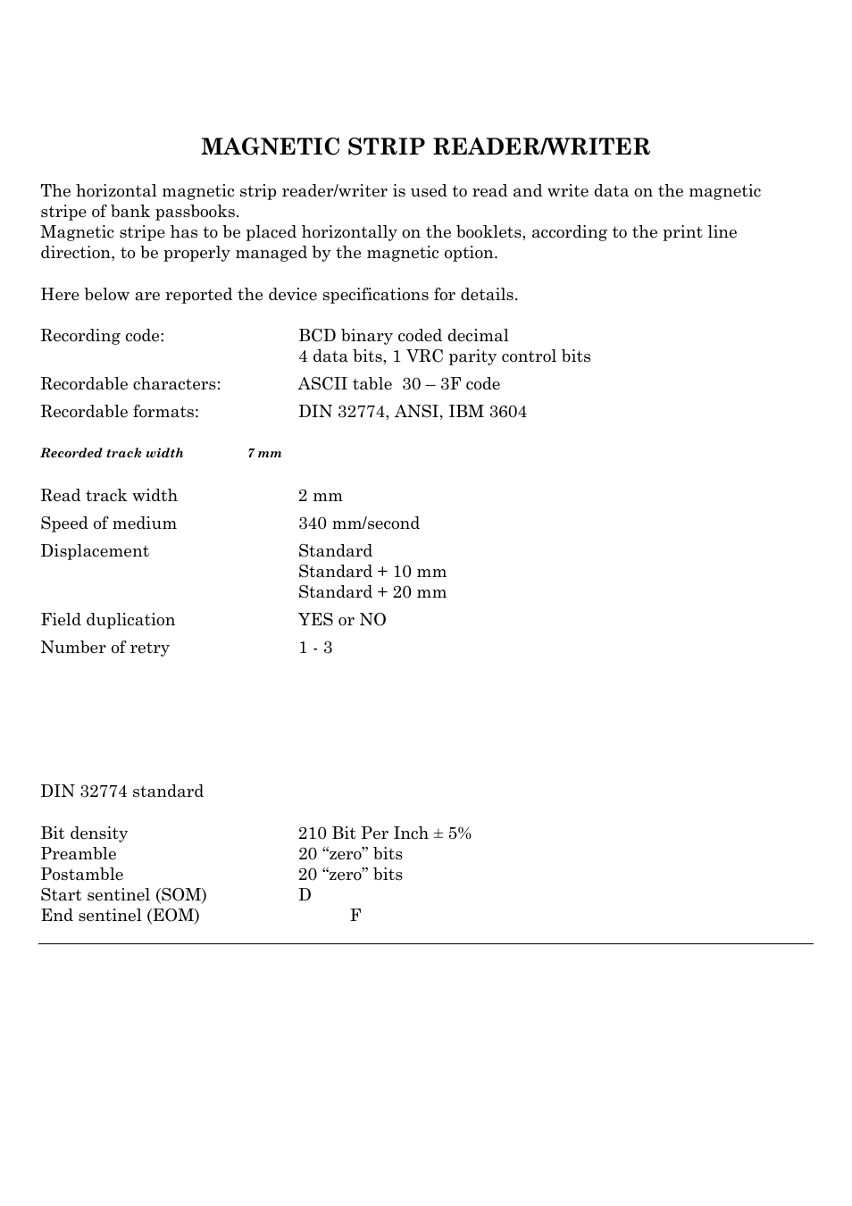 Recorded track width 7 mm, Magnetic strip reader/writer | Compuprint SP40 User Manual | Page 60 / 72