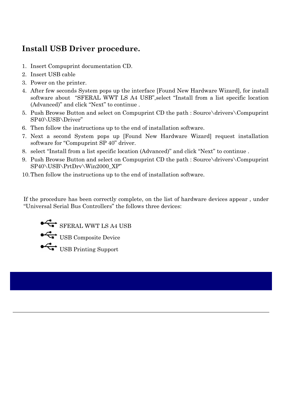 Install usb driver procedure | Compuprint SP40 User Manual | Page 72 / 72