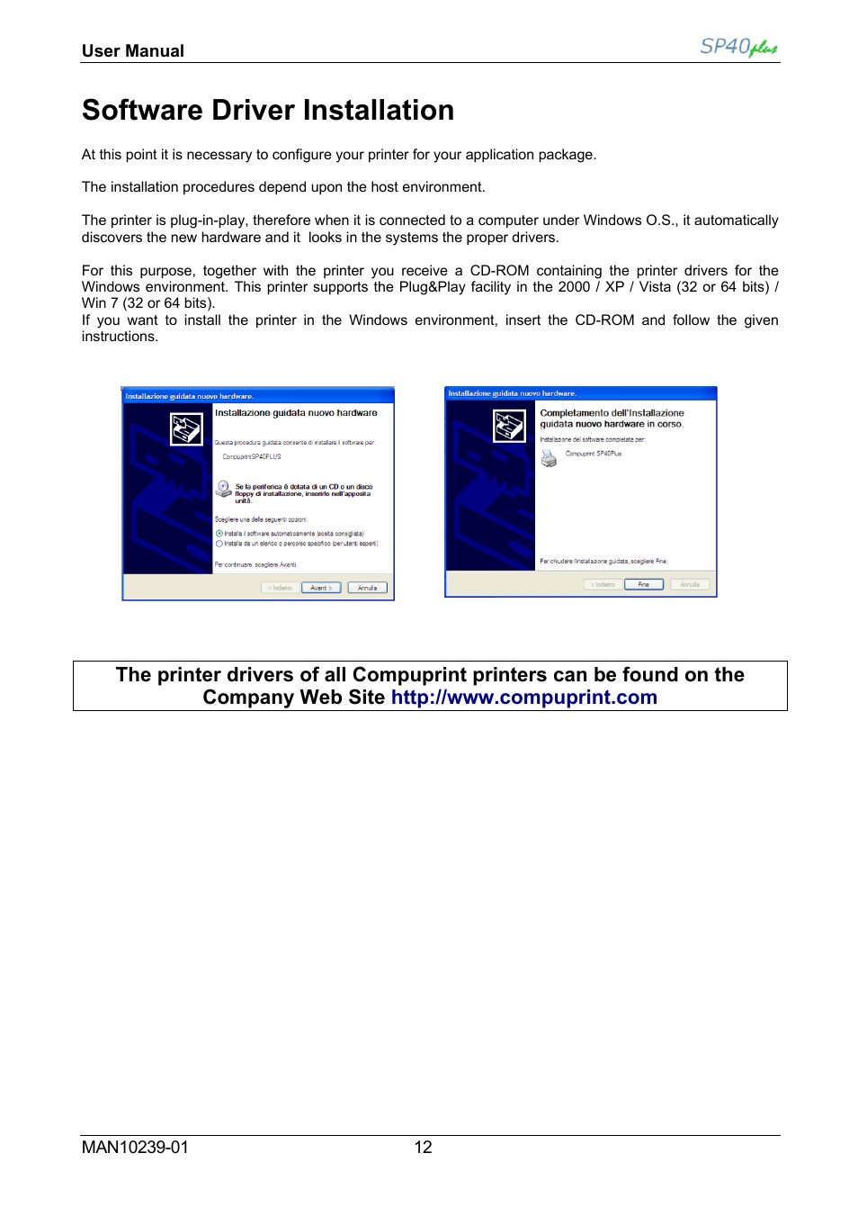 Software driver installation | Compuprint SP40 plus User Manual | Page 17 / 52