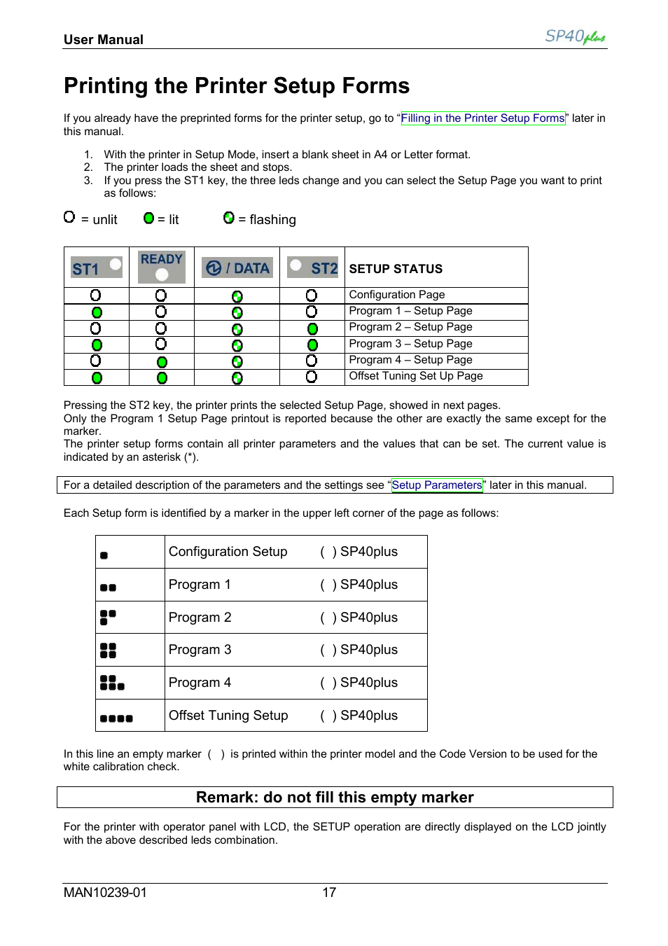Printing the printer setup forms, Remark: do not fill this empty marker | Compuprint SP40 plus User Manual | Page 22 / 52