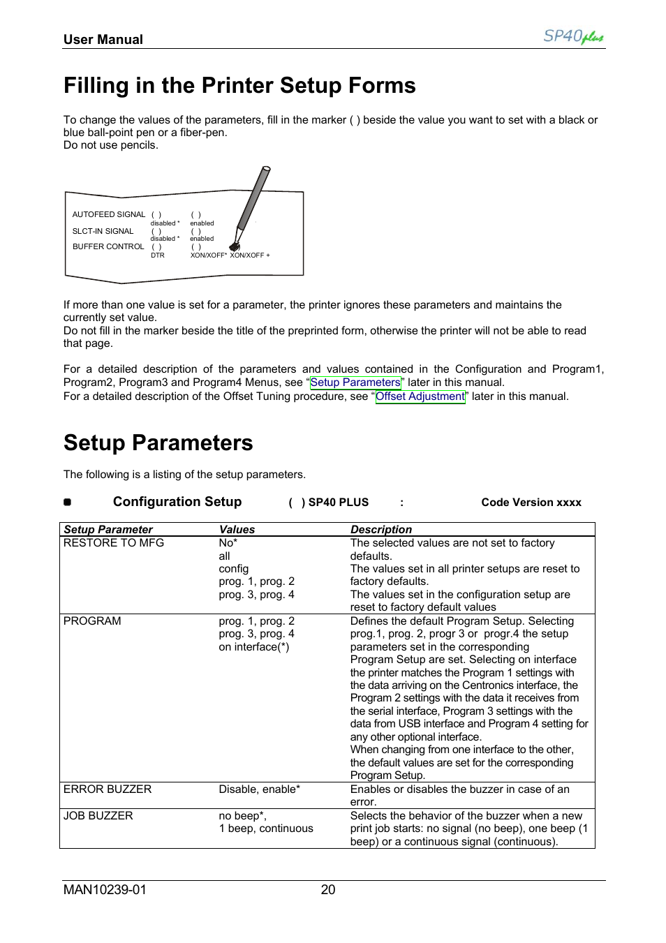 Filling the printer setup forms, Setup parameters, Filling in the printer setup forms | Compuprint SP40 plus User Manual | Page 25 / 52