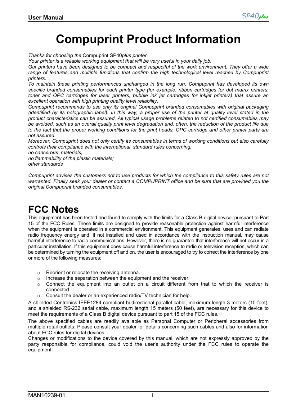 Compuprint product information, Fcc notes | Compuprint SP40 plus User Manual | Page 3 / 52
