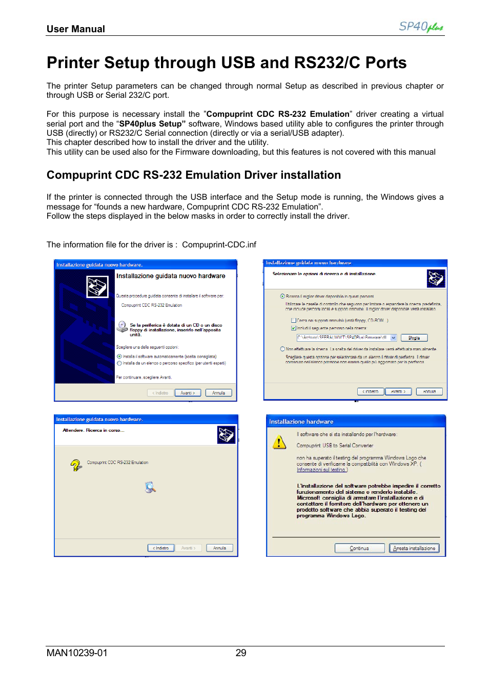Printer setup through usb and rs232/c ports, Compuprint cdc-rs232 emulation driver installation | Compuprint SP40 plus User Manual | Page 34 / 52