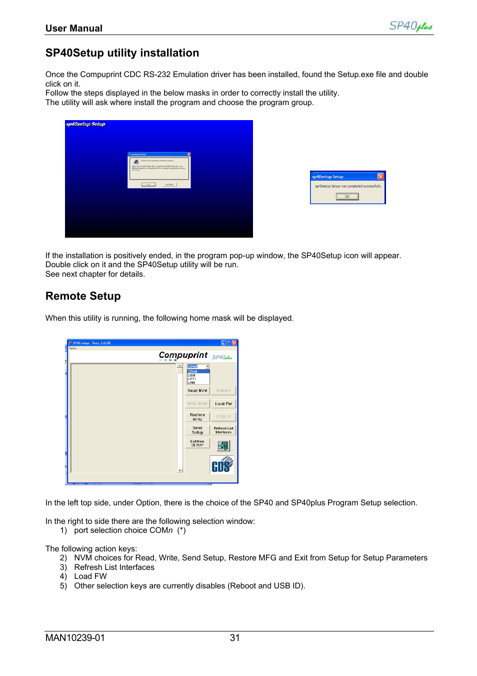 Sp40setup utility installation, Remote setup | Compuprint SP40 plus User Manual | Page 36 / 52