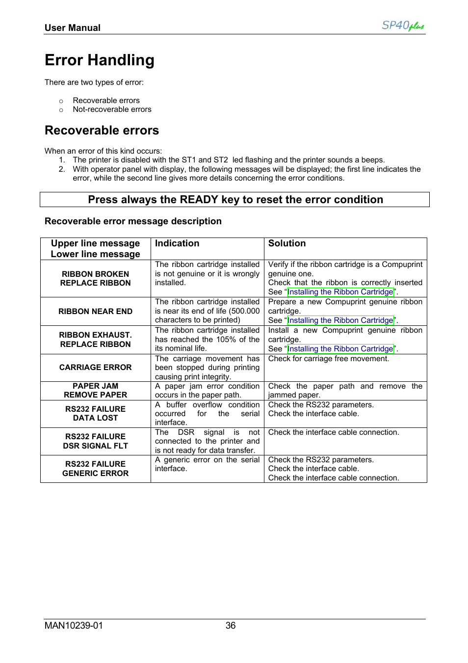 Error handling, Recoverable errors | Compuprint SP40 plus User Manual | Page 41 / 52