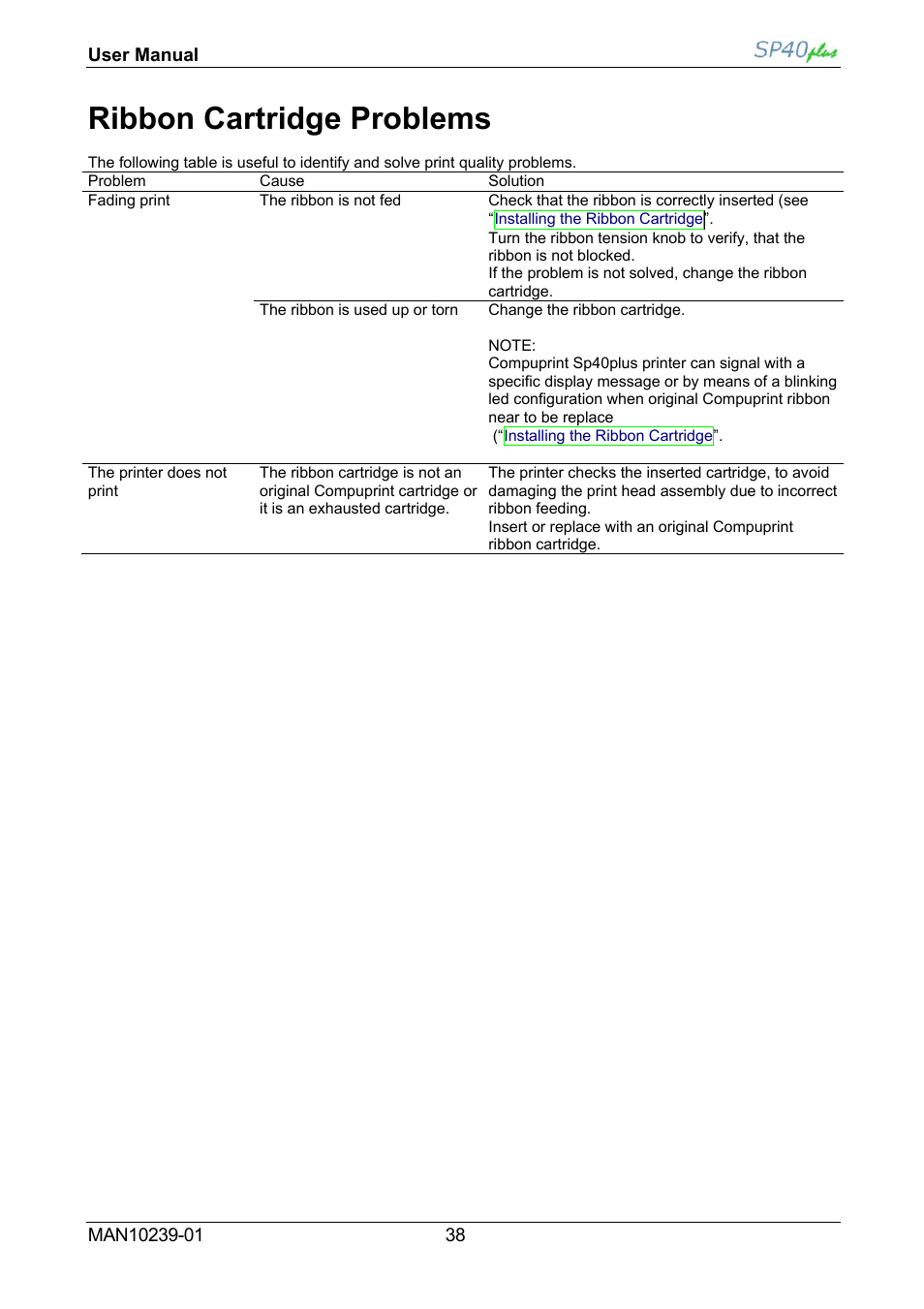 Ribbon cartridge problems | Compuprint SP40 plus User Manual | Page 43 / 52