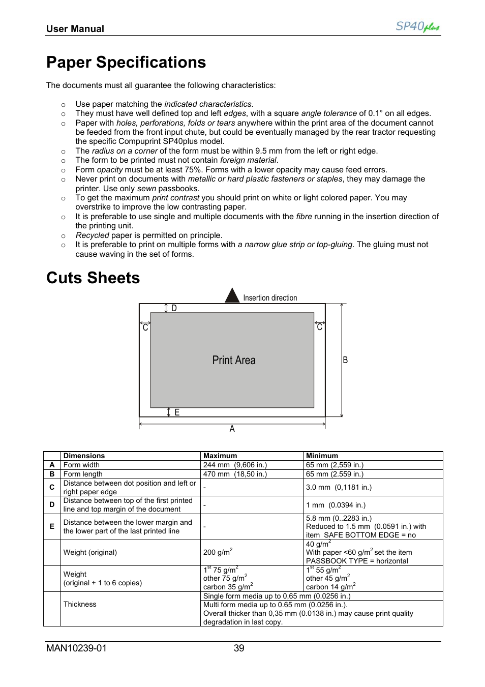 Paper specifications, Cut sheets, Cuts sheets | Print area | Compuprint SP40 plus User Manual | Page 44 / 52