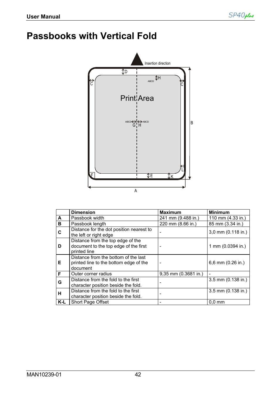 Passbooks with vertical fold, Print area | Compuprint SP40 plus User Manual | Page 47 / 52