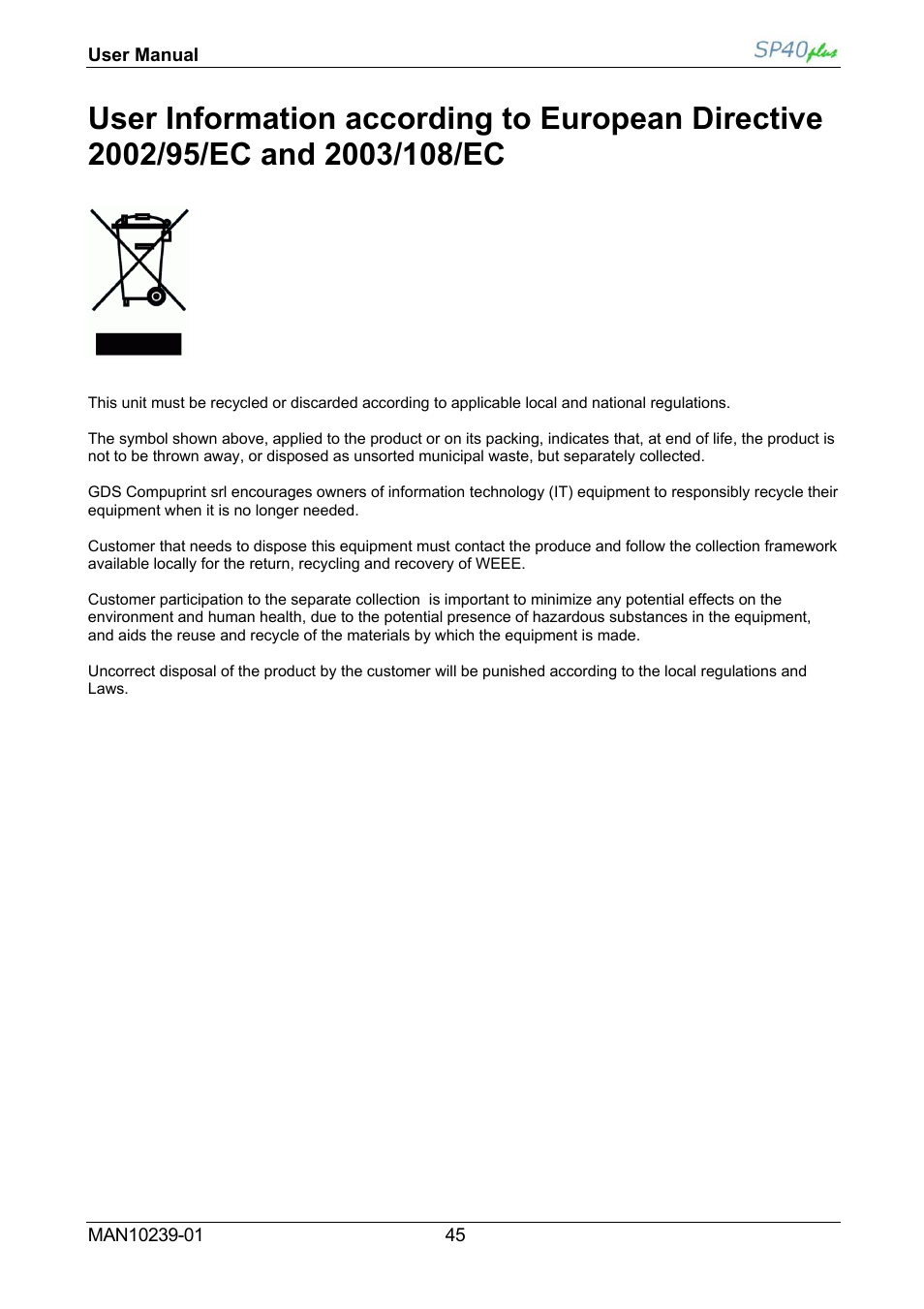 User information for weee | Compuprint SP40 plus User Manual | Page 50 / 52