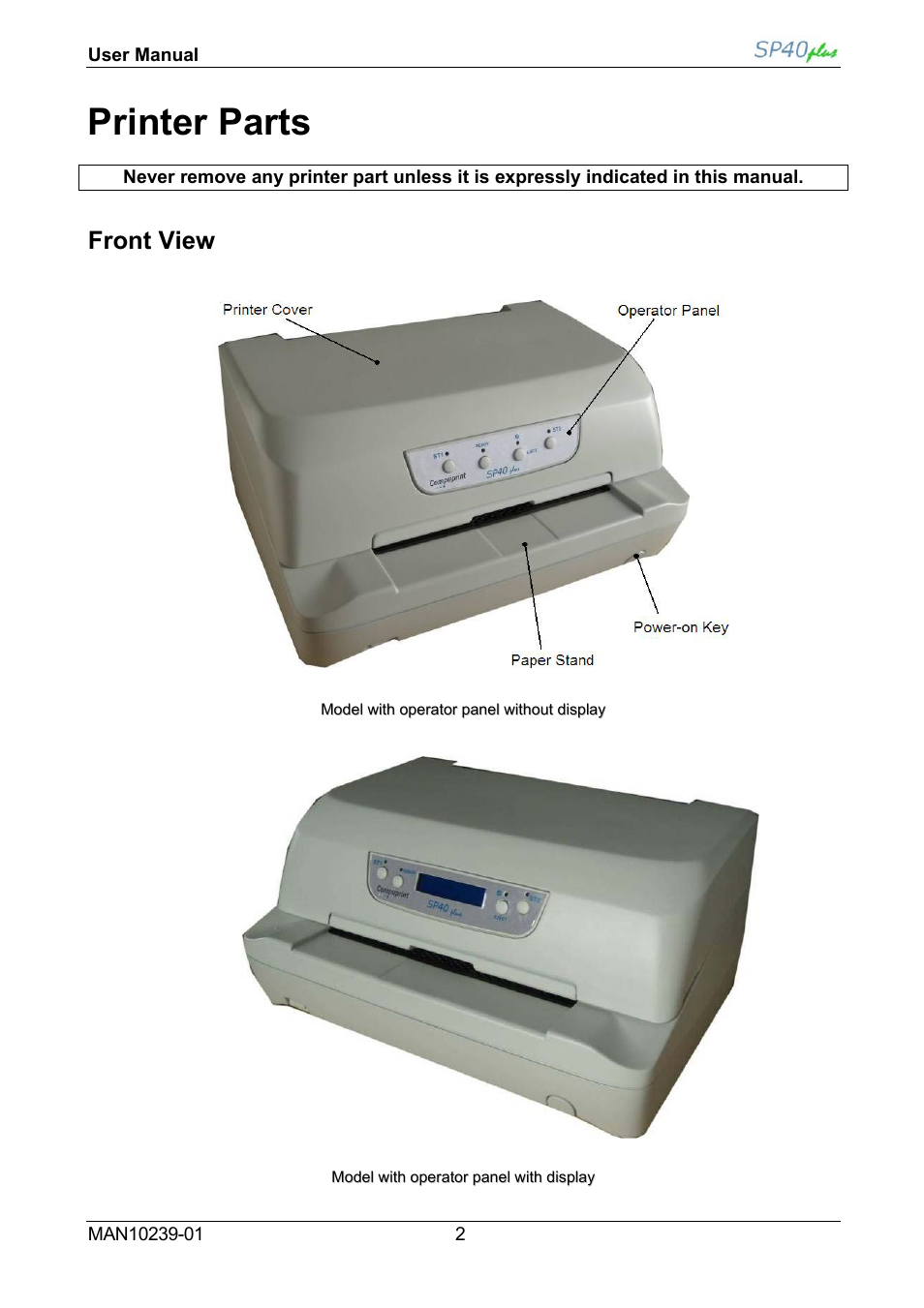 Printer parts, Front view | Compuprint SP40 plus User Manual | Page 7 / 52