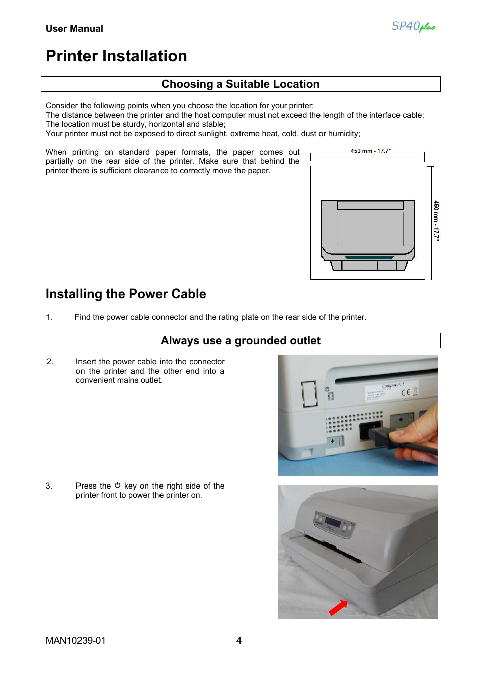 Printer installation, Installing the power cable | Compuprint SP40 plus User Manual | Page 9 / 52