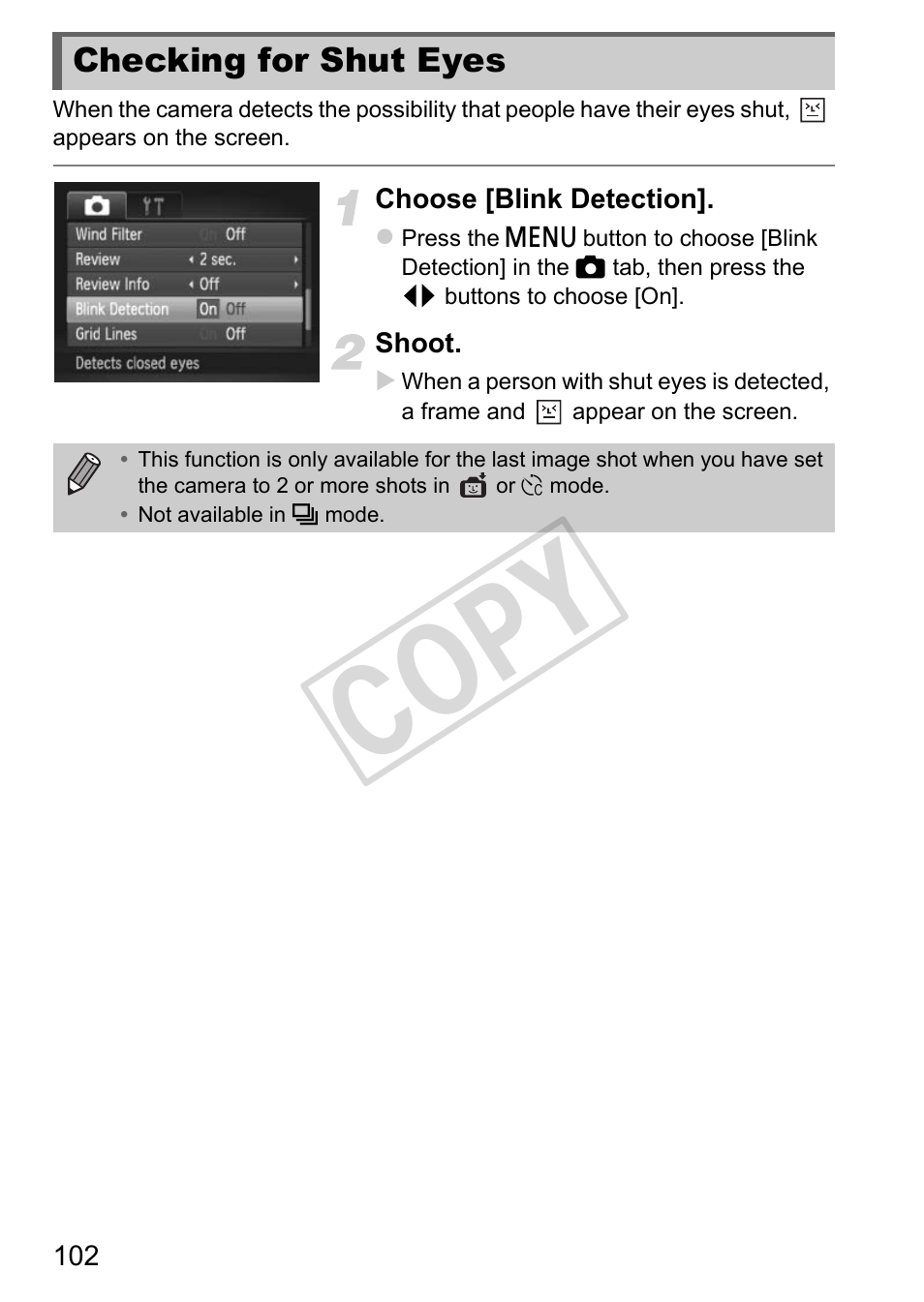 Checking for shut eyes, Cop y | Canon IXUS 230 HS User Manual | Page 102 / 212