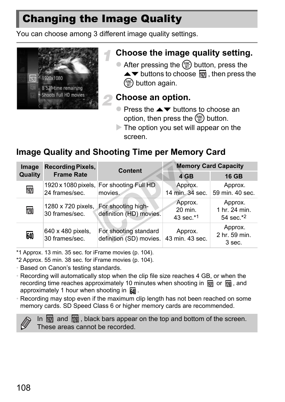 Changing the image quality, P. 108), Ty (p. 108 | Cop y, Choose the image quality setting, Choose an option | Canon IXUS 230 HS User Manual | Page 108 / 212