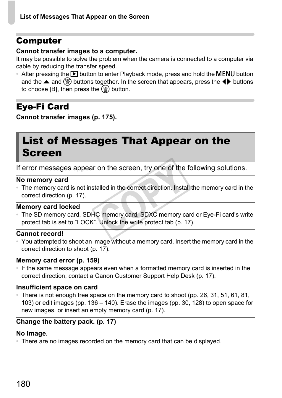 List of messages that appear, On the screen, Cop y | List of messages that appear on the screen | Canon IXUS 230 HS User Manual | Page 180 / 212