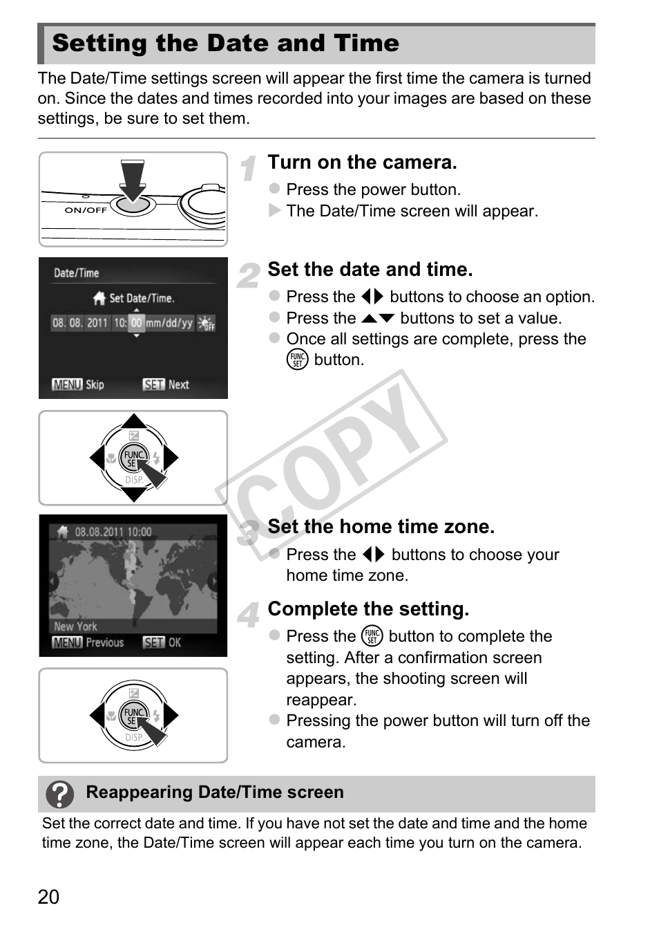 Setting the date and time, Cop y | Canon IXUS 230 HS User Manual | Page 20 / 212