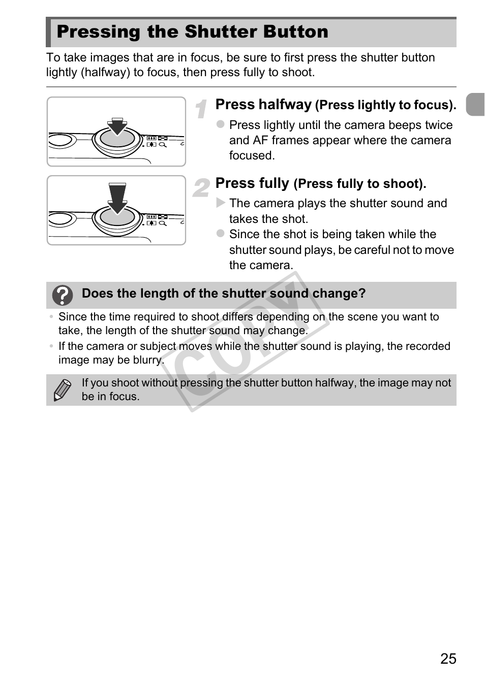 Pressing the shutter button, Cop y | Canon IXUS 230 HS User Manual | Page 25 / 212