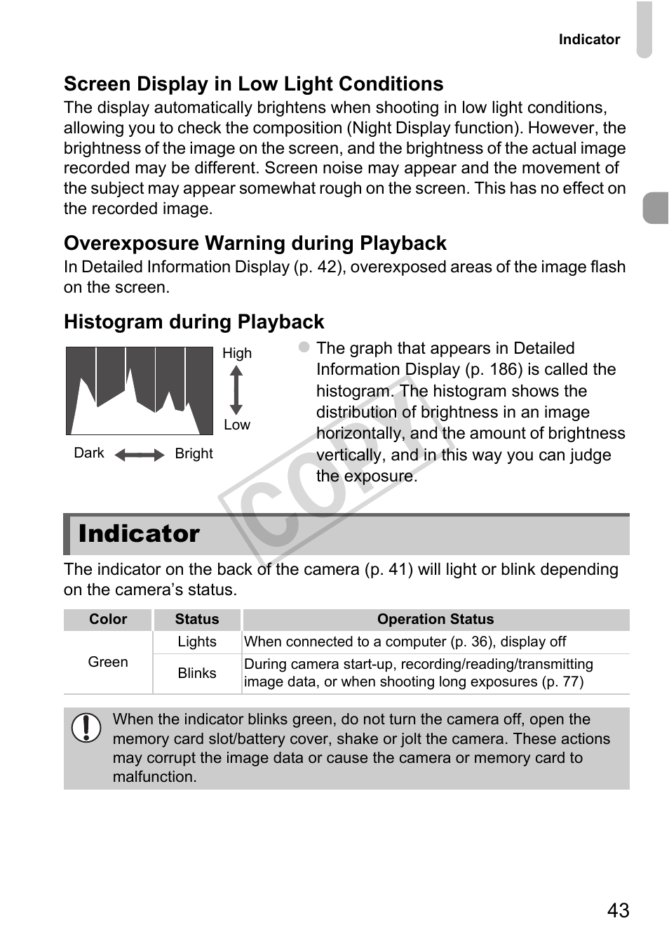 Indicator, Indicator (p. 43), Cop y | Canon IXUS 230 HS User Manual | Page 43 / 212