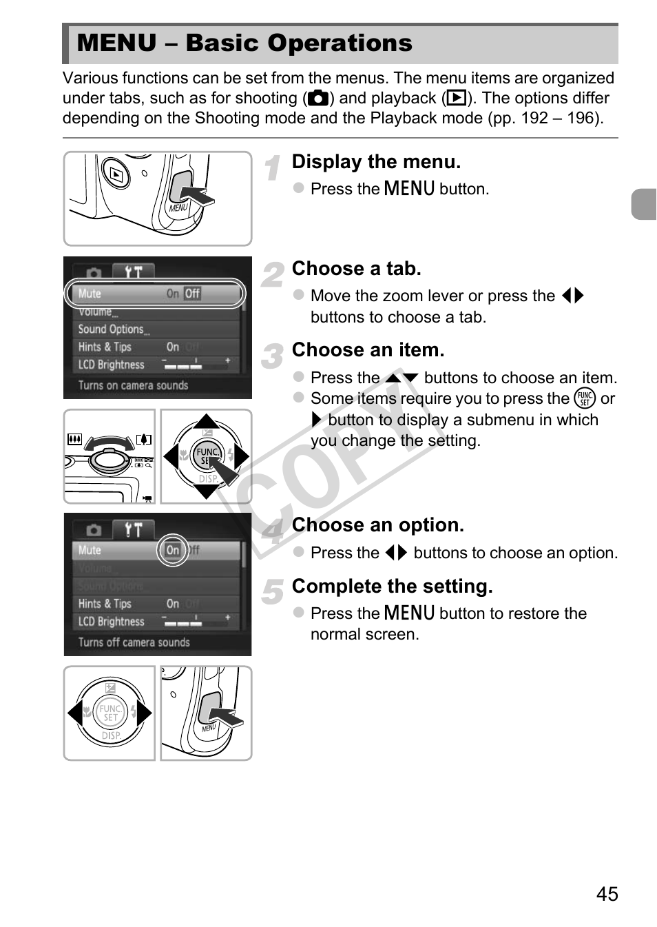 Menu – basic operations, Tton (p. 45), Cop y | Canon IXUS 230 HS User Manual | Page 45 / 212