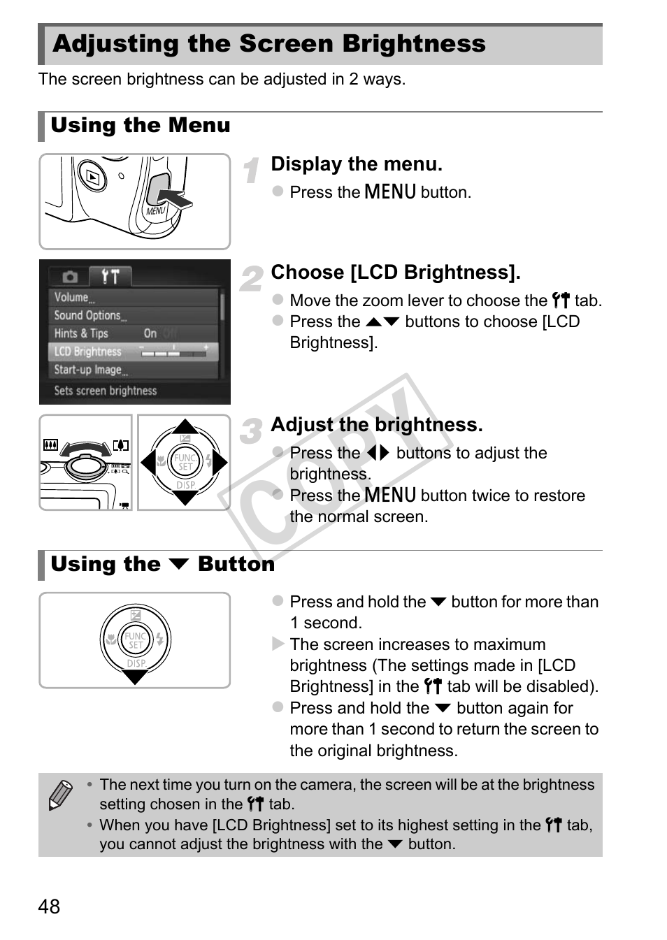 Adjusting the screen brightness, Cop y | Canon IXUS 230 HS User Manual | Page 48 / 212