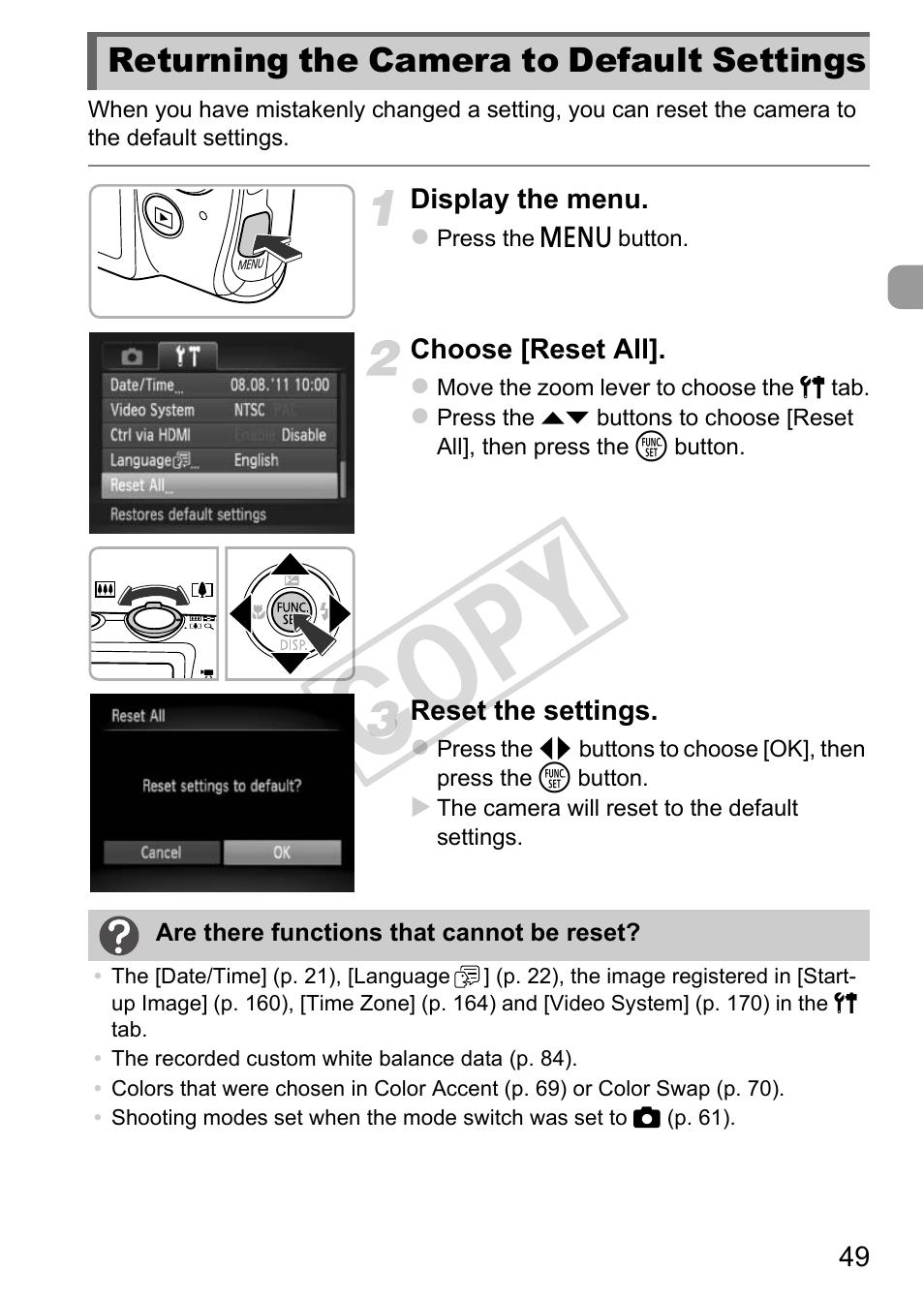 Returning the camera to default, Settings, Cop y | Returning the camera to default settings | Canon IXUS 230 HS User Manual | Page 49 / 212