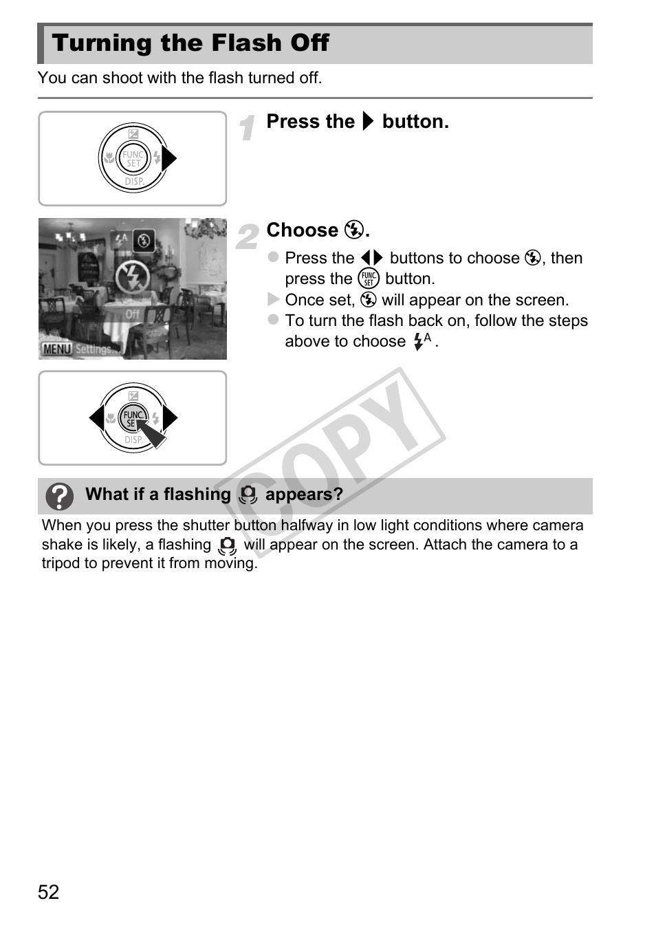 Turning the flash off, Pp. 52, 83, 1, Flash) (pp. 52, 83, 100) | Cop y | Canon IXUS 230 HS User Manual | Page 52 / 212