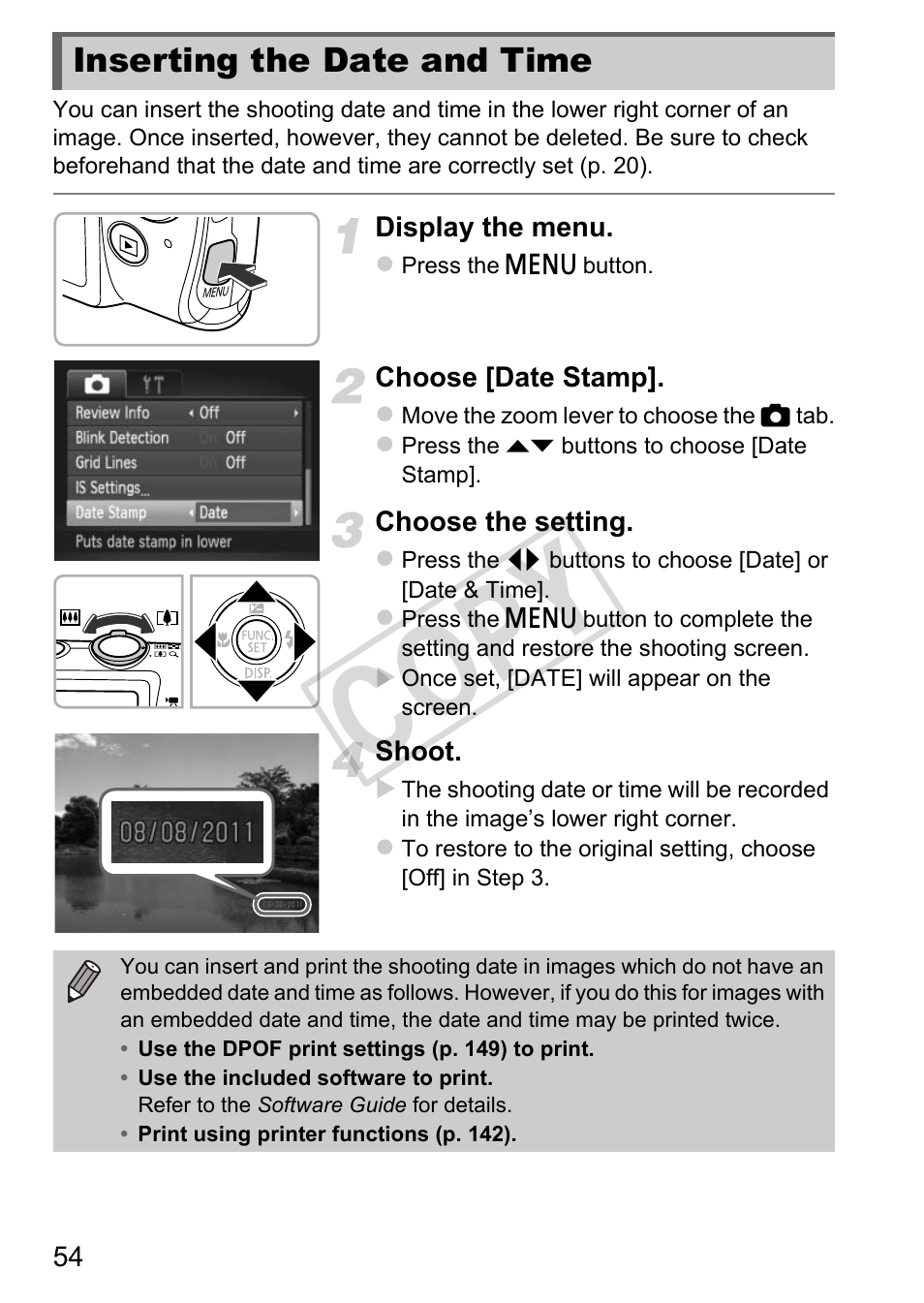 Inserting the date and time, Cop y | Canon IXUS 230 HS User Manual | Page 54 / 212