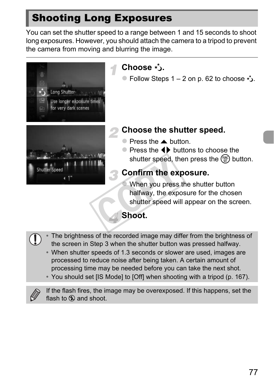 Shooting long exposures, Es (p. 77), Cop y | Canon IXUS 230 HS User Manual | Page 77 / 212