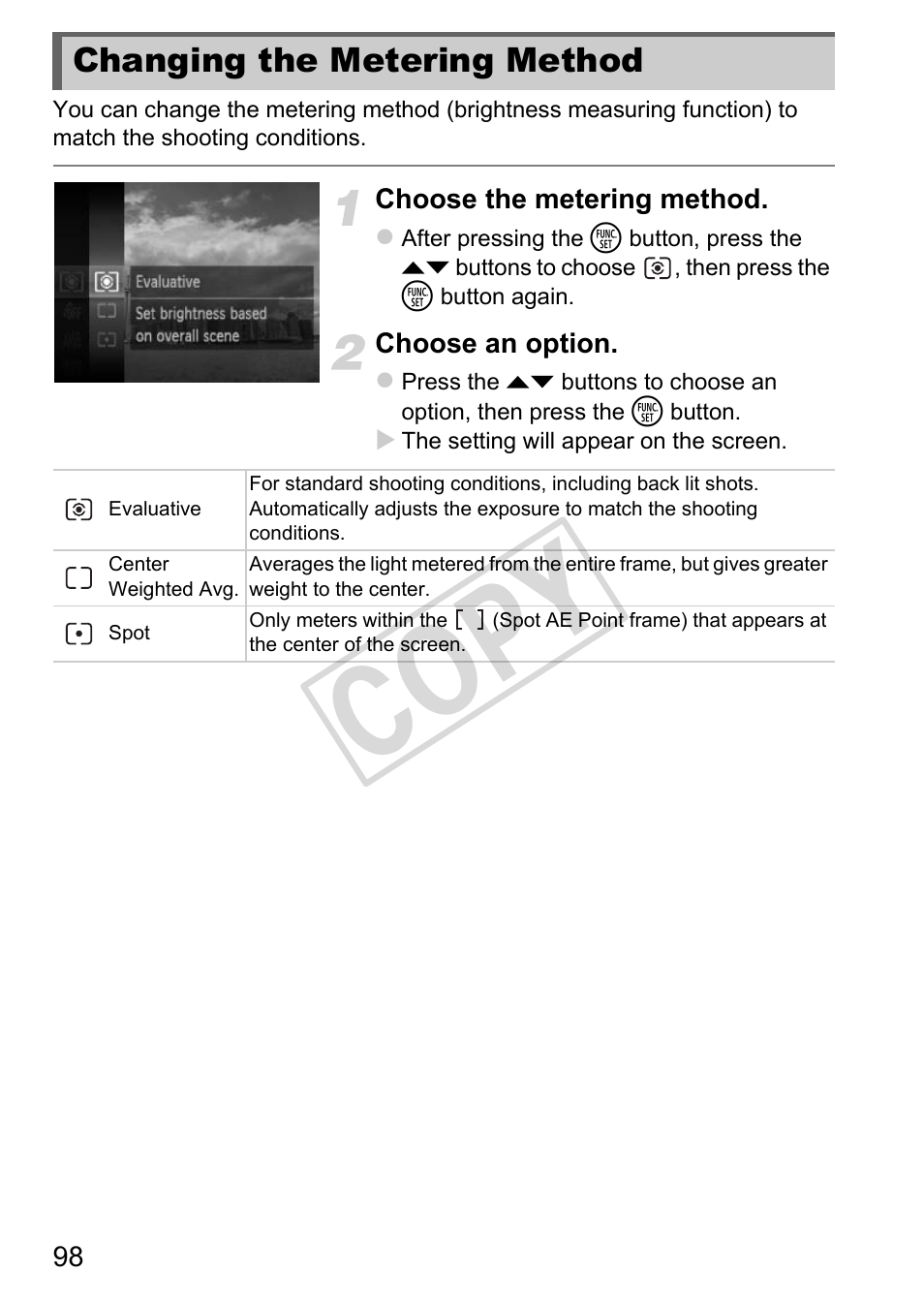 Changing the metering method, Cop y | Canon IXUS 230 HS User Manual | Page 98 / 212