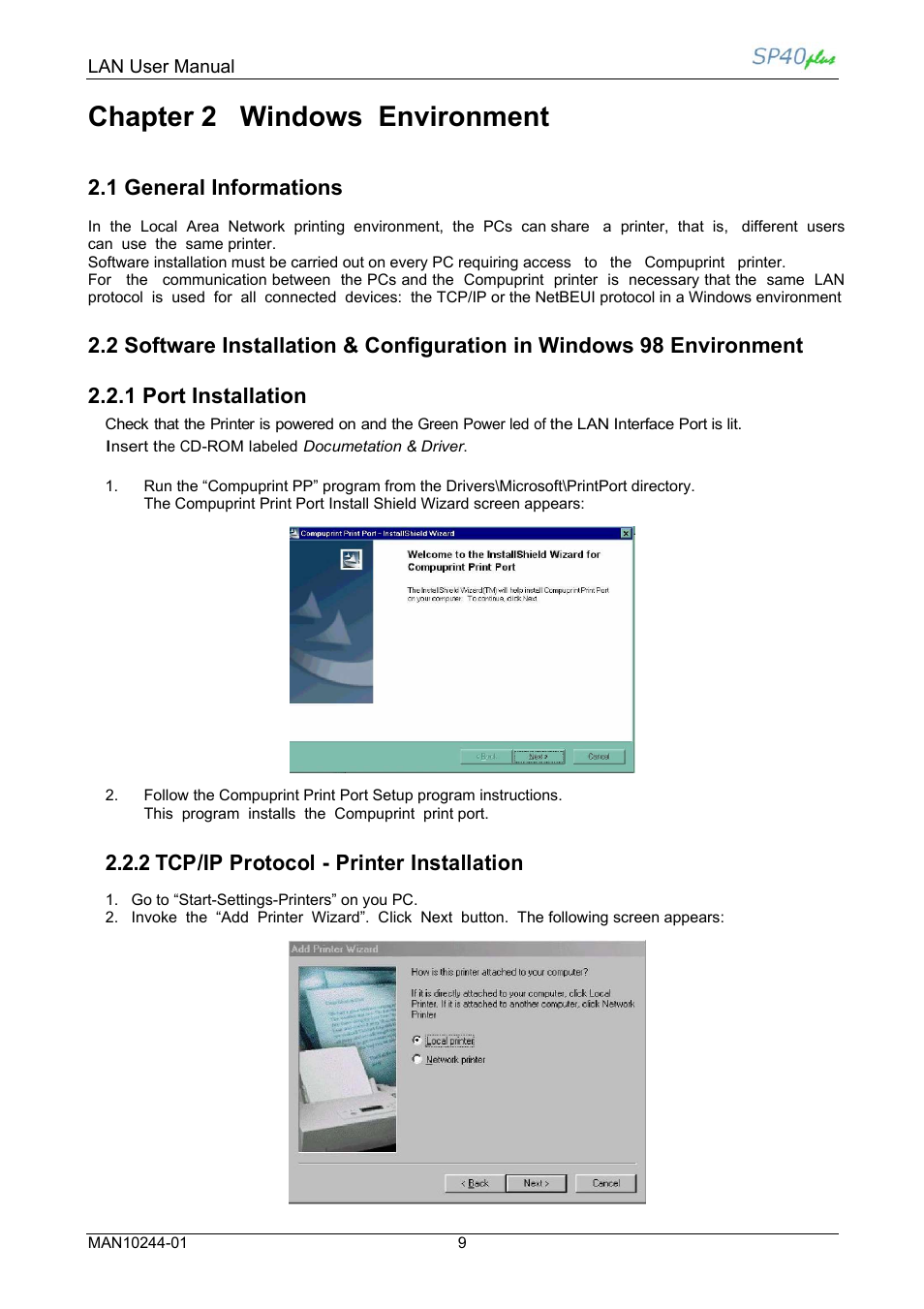 Chapter 2 windows environment, 1 general informations, 2 tcp/ip protocol - printer installation | Compuprint SP40 plus LAN User Manual | Page 15 / 62