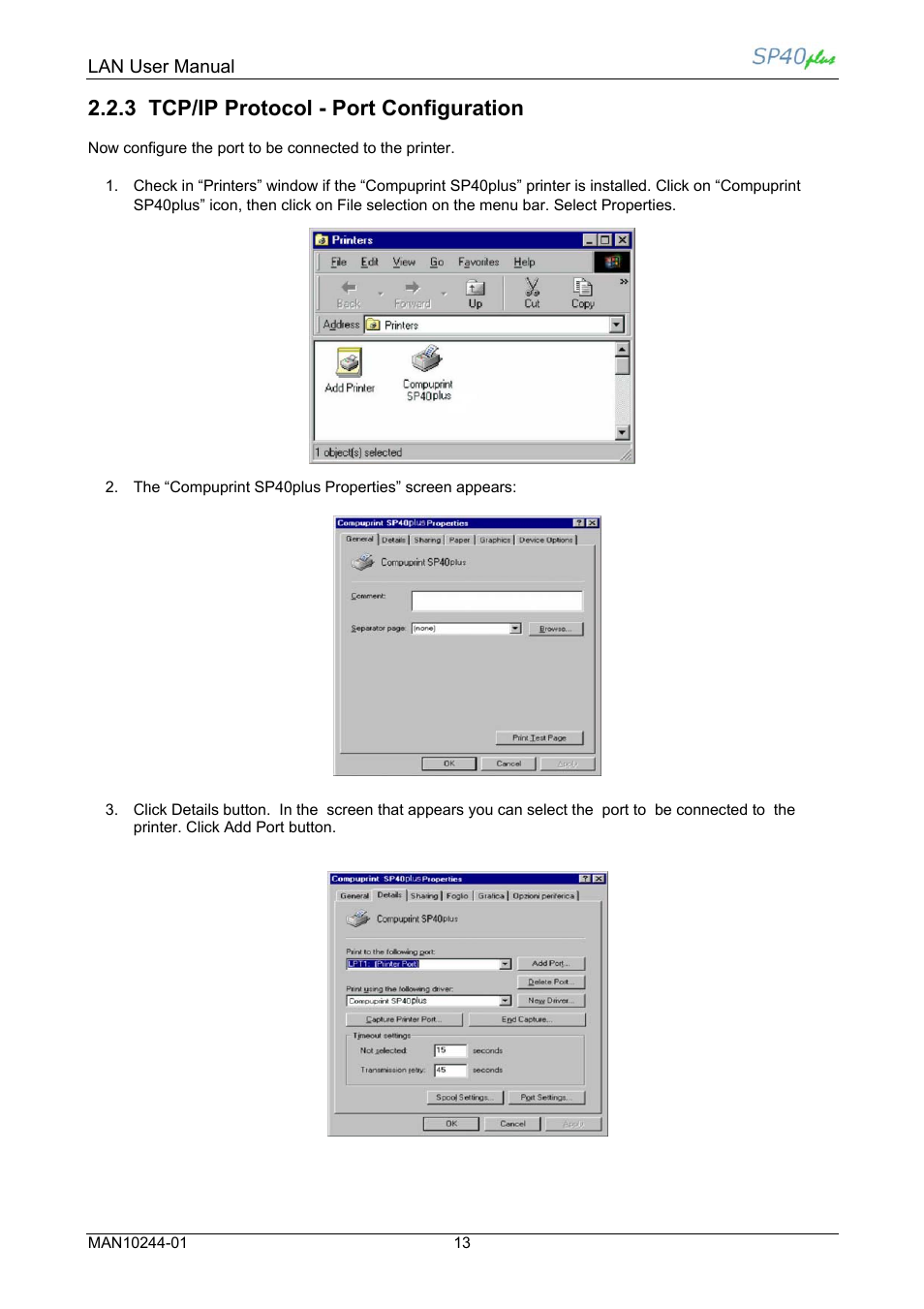 3 tcp/ip protocol - port configuration | Compuprint SP40 plus LAN User Manual | Page 19 / 62