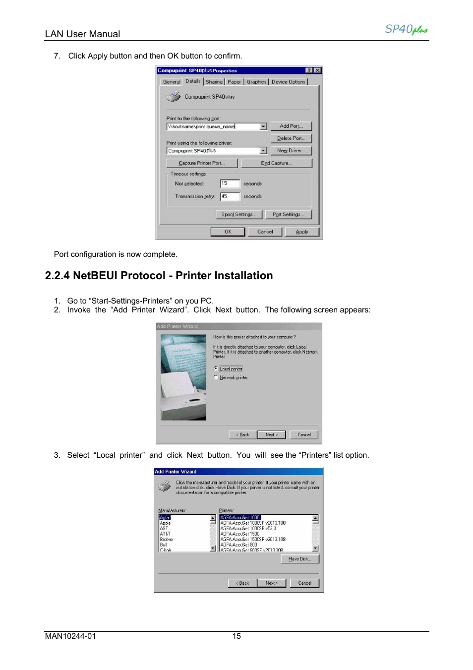 4 netbeui protocol - printer installation | Compuprint SP40 plus LAN User Manual | Page 21 / 62