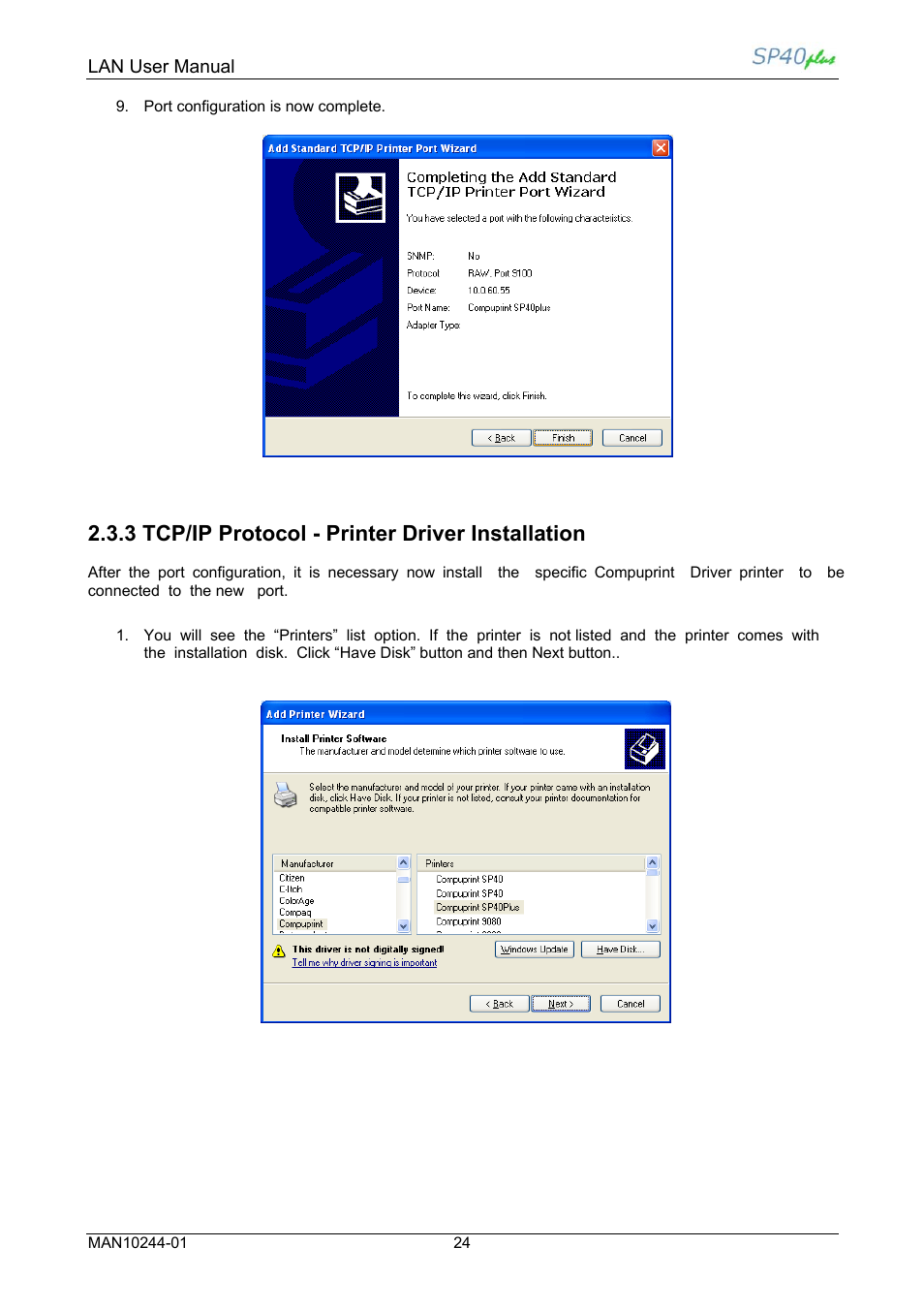 3 tcp/ip protocol - printer driver installation, Lan user manual | Compuprint SP40 plus LAN User Manual | Page 30 / 62