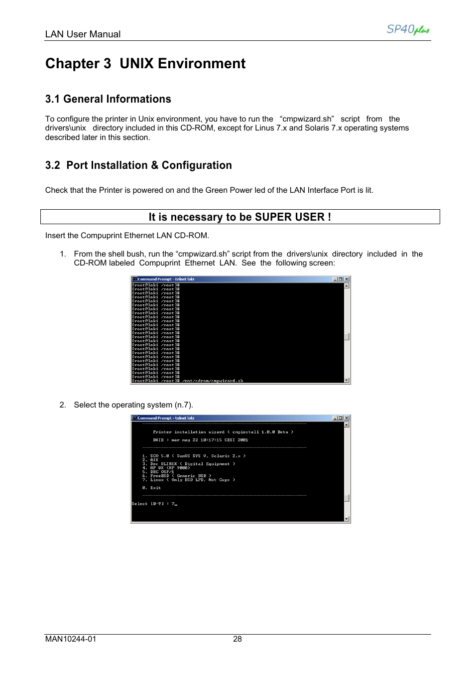 Chapter 3 unix environment, 1 general informations, 2 port installation & configuration | It is necessary to be super user | Compuprint SP40 plus LAN User Manual | Page 34 / 62