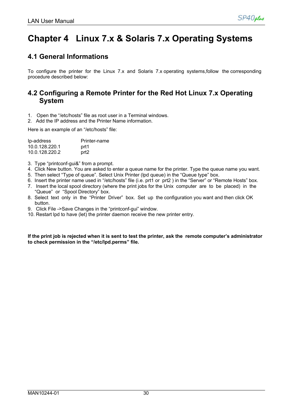 Chapter 4 linux 7.x & solaris 7.x environments, 1 general informations | Compuprint SP40 plus LAN User Manual | Page 36 / 62