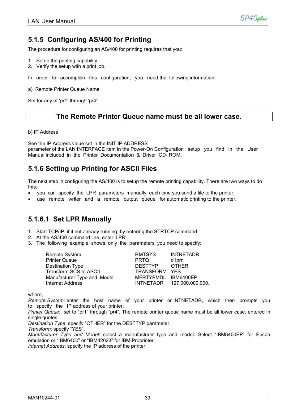 5 configuring as/400 for printing, 6 setting up printing for ascii files, 1 set lpr manually | Compuprint SP40 plus LAN User Manual | Page 39 / 62