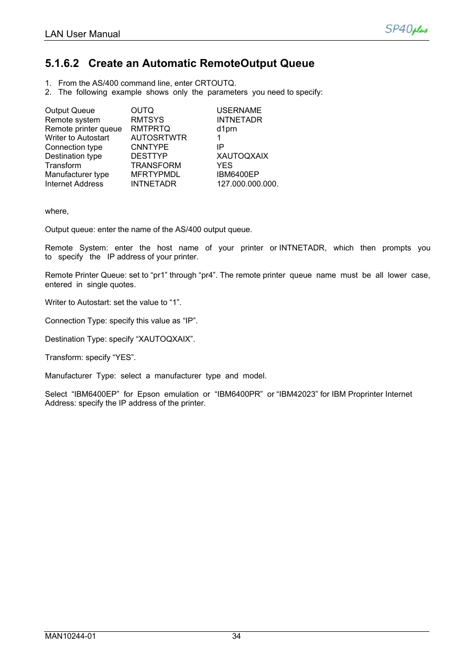 2 create an automatic remoteoutput queue, Lan user manual | Compuprint SP40 plus LAN User Manual | Page 40 / 62