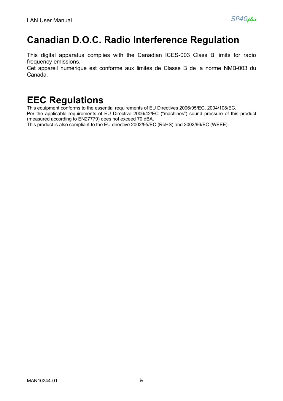 Canadian d.o.c. radio interference regulation, Eec regulations | Compuprint SP40 plus LAN User Manual | Page 6 / 62