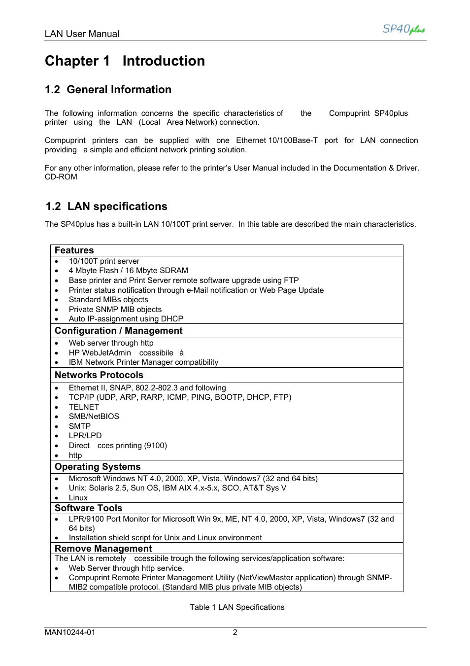 Chapter 1 introduction, 2 general information, 2 lan specifications | Compuprint SP40 plus LAN User Manual | Page 8 / 62
