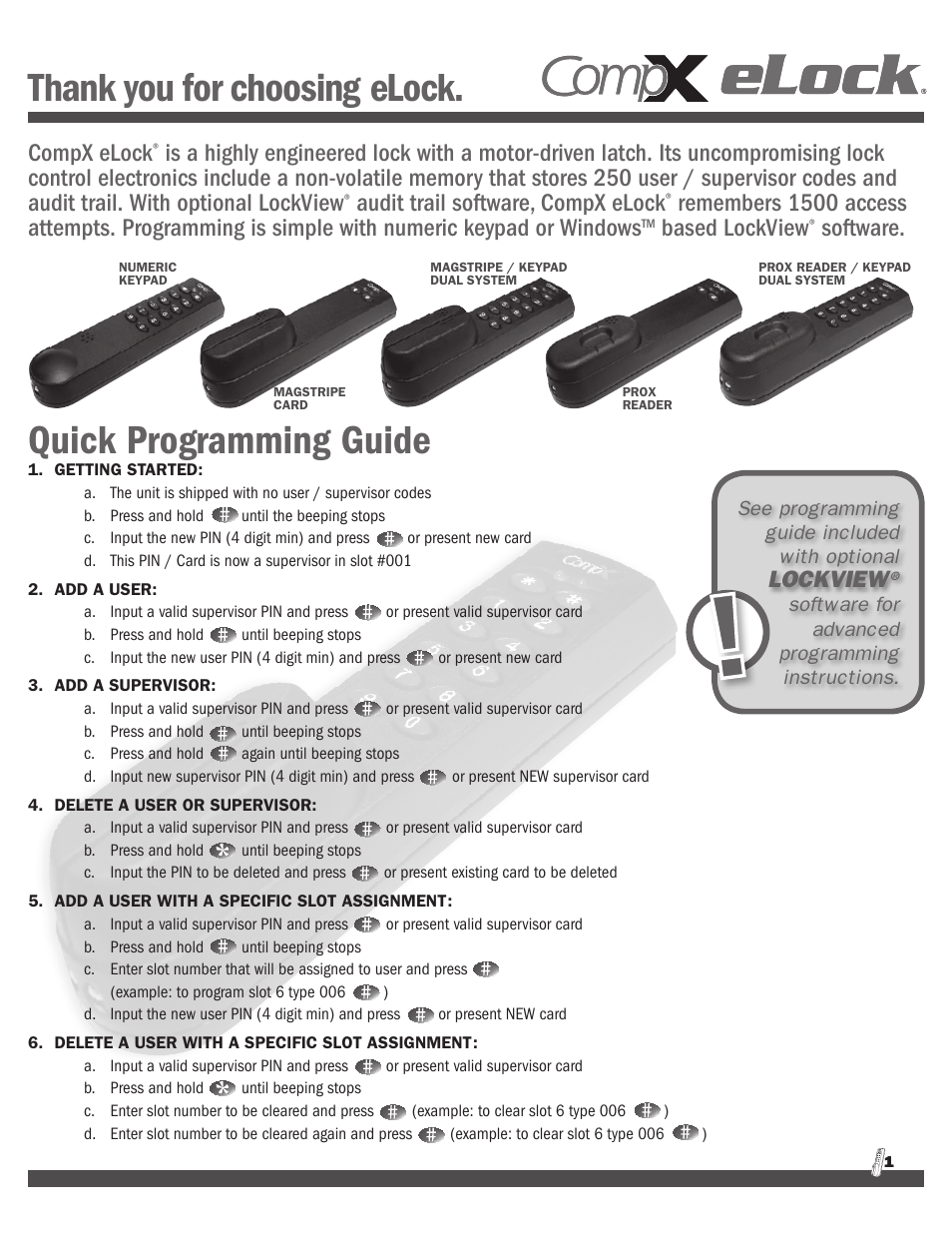 CompX eLock Numeric Keypad Quick Programming Guide User Manual | 8 pages