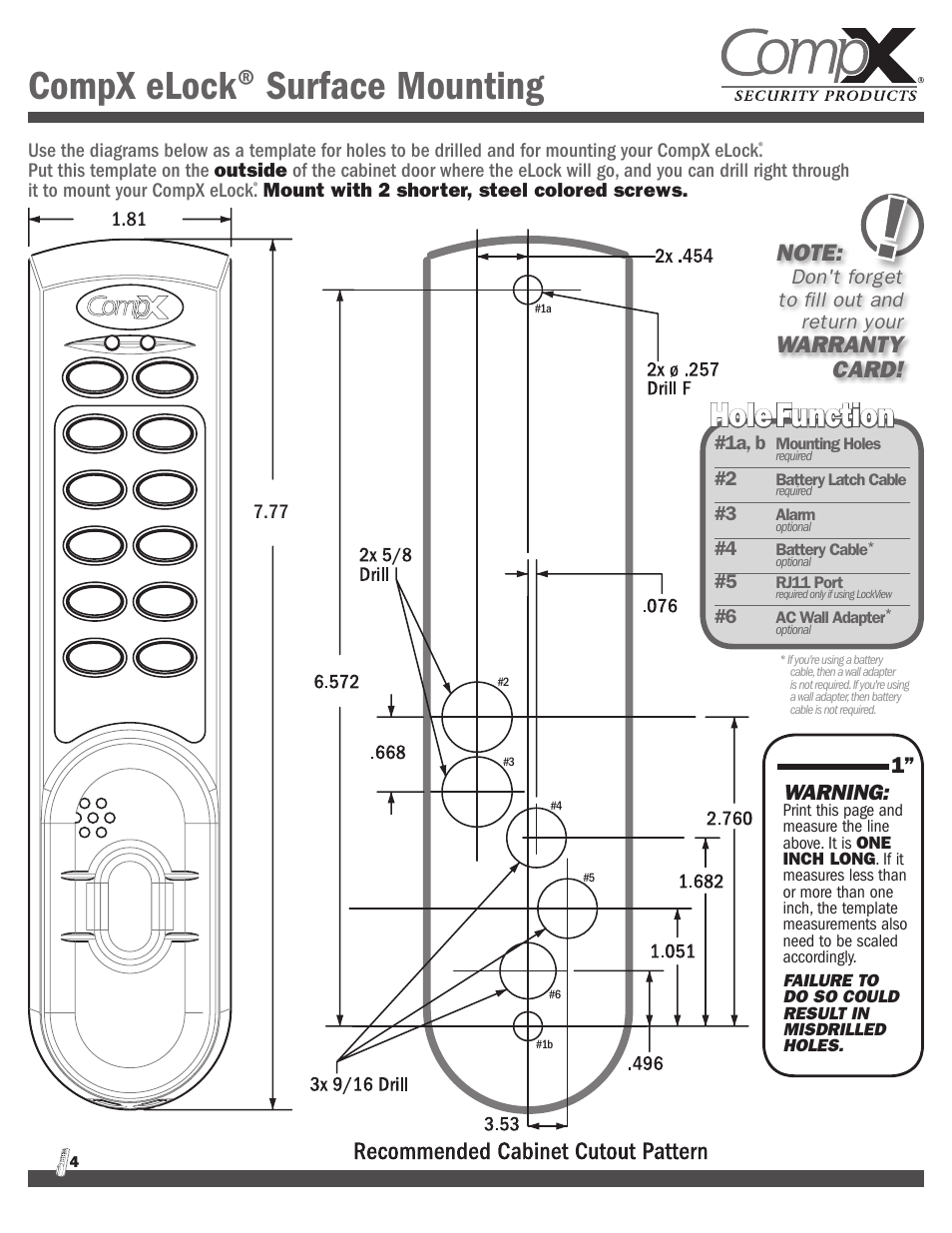 Compx elock, Surface mounting, Hole function | Warranty card, Warning | CompX eLock Numeric Keypad Quick Programming Guide User Manual | Page 4 / 8