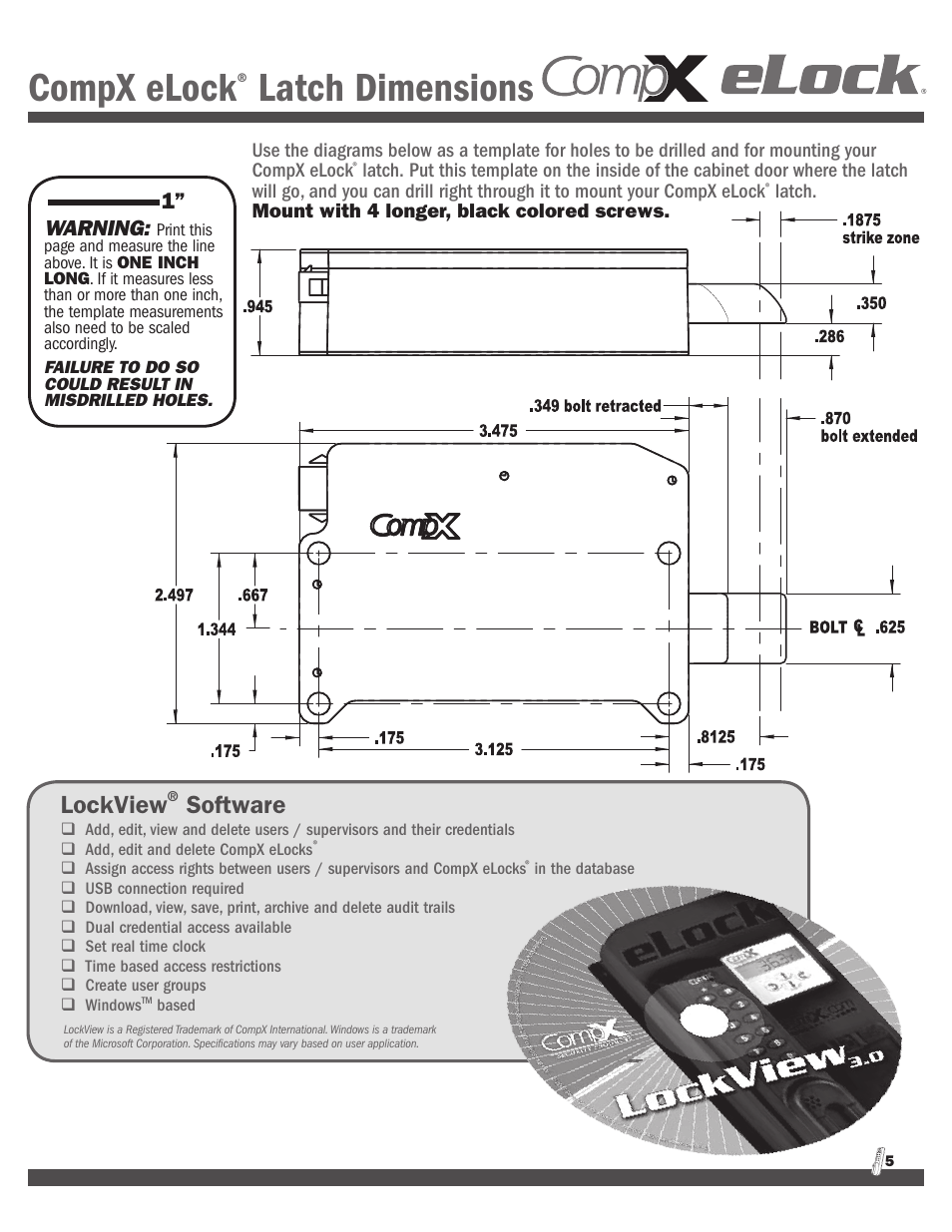 Compx elock, Latch dimensions, Lockview | Software, Warning | CompX eLock Numeric Keypad Quick Programming Guide User Manual | Page 5 / 8