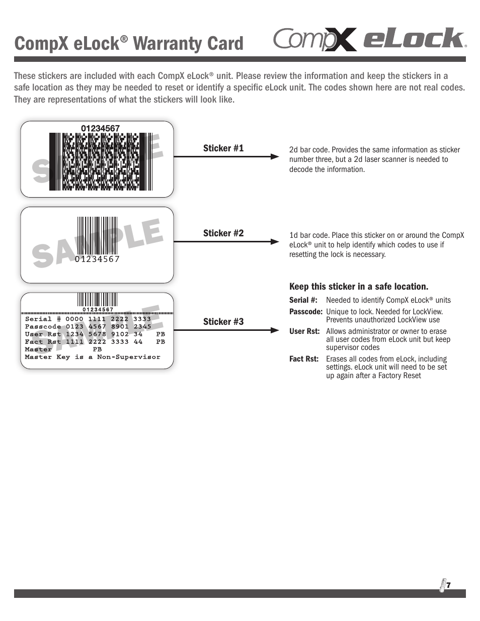 Sample, Compx elock, Warranty card | CompX eLock Numeric Keypad Quick Programming Guide User Manual | Page 7 / 8